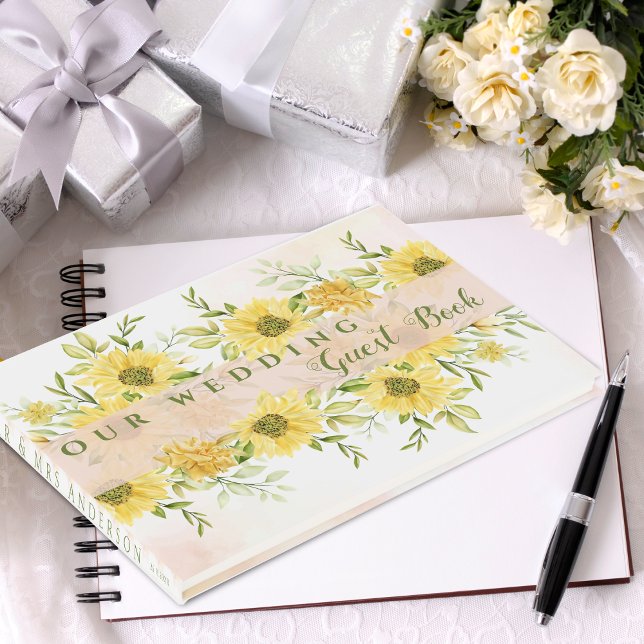 Elegante Hochzeit mit Wasserfarbe Gelbe Sonnenblum Gästebuch (Elegant Watercolor Yellow Sunflower floral Wedding Guest Book)