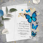Elegante Hochzeit mit Watercolor Gold und Blue But Acryleinladungen<br><div class="desc">Liebe ist in voller Blüte mit diesen zauberhaften Gold- und Blautönen-Einladungen auf klare Acrylkarten! Diese einzigartige, bearbeitbare DIY-Vorlage eignet sich ideal für Hochzeiten mit blauen Schmetterlingsthemen, Whimsikduschen für Mädchen, "Once Upon a Time"-Brautpartys, Märchen-Quinceañeras, königliche Aschenputtel-Süße 16 Party und andere magische Feiern. Jeder hübsche, blaue Monarchen-Schmetterling zeigt mit seiner originalen Aquarellkunst...</div>