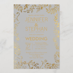 Elegante Hochzeit mit weichem Grau und gelbem Gold Einladung