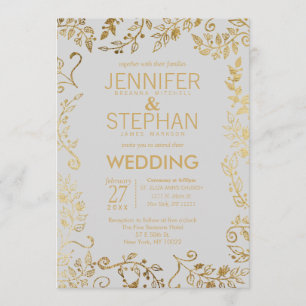Elegante Hochzeit mit weichem Grau und gelbem Gold Einladung