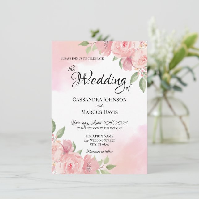 Elegante Hochzeit mit weißem Rosa Wasserfarben Einladung (Stehend Vorderseite)