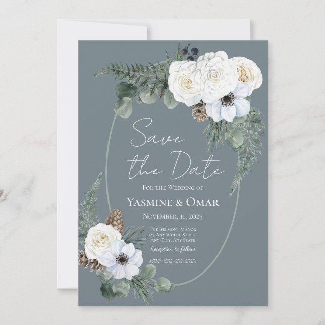 Elegante Hochzeit mit weißer Blüte und Schiefergra Einladung (Vorderseite)