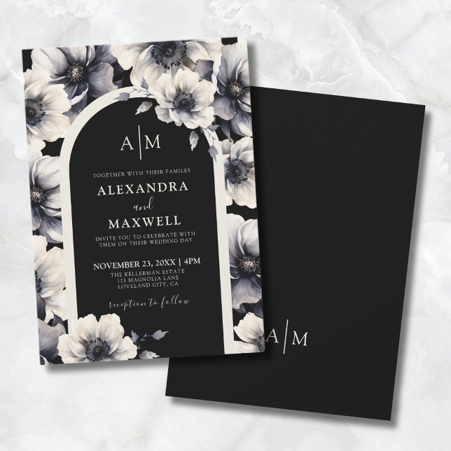 Elegante Hochzeit mit weißer Schwarzer Flora Einladung (Elegant Modern White Black Floral Wedding Invitation)