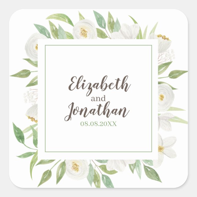 Elegante Hochzeit mit weißer und grüner Blüte Quadratischer Aufkleber (Vorderseite)