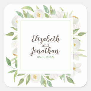 Elegante Hochzeit mit weißer und grüner Blüte Quadratischer Aufkleber