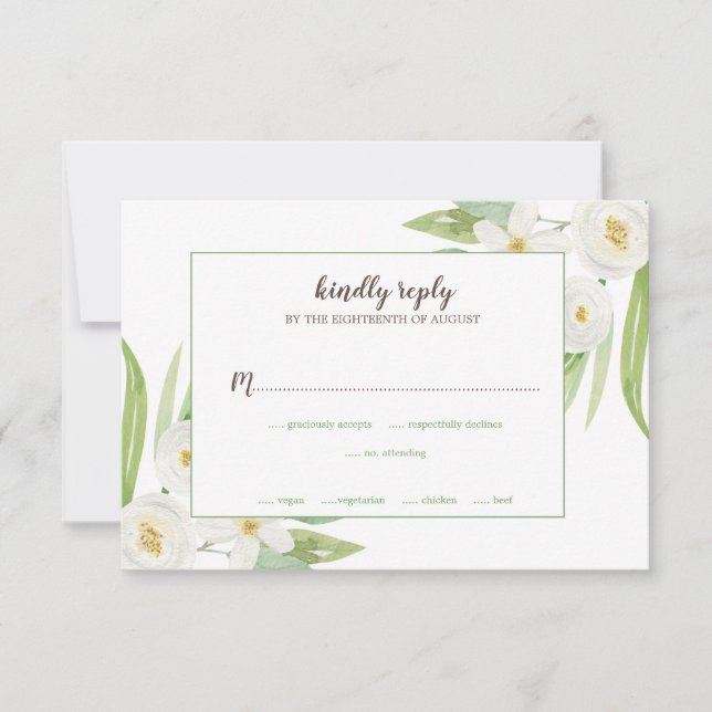 Elegante Hochzeit mit weißer und grüner Blüte RSVP Karte (Vorderseite)