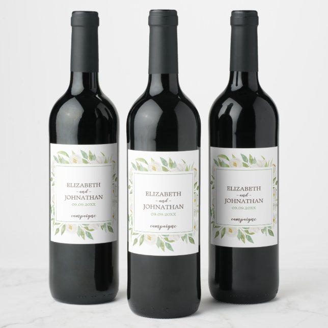 Elegante Hochzeit mit weißer und grüner Blüte Weinetikett (Flaschen)