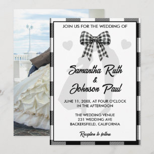 Elegante Hochzeit Schwarz-Weiß-Gingham-Schleife Fo Einladung
