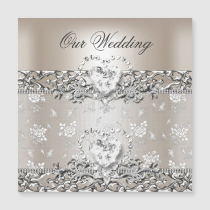 Elegante Hochzeit Silber Creme Diamant Herz Einlad Magnetkarte