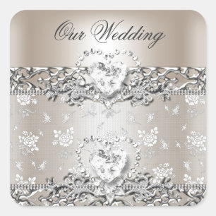 Elegante Hochzeit Silber Creme Diamant Herz Einlad Quadratischer Aufkleber