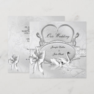Elegante Hochzeit Silber Weiße Schwäne Herz Bogen Einladung