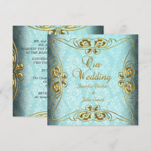 Elegante Hochzeit Teal Blau Gold Damast Einladung