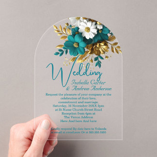 Elegante Hochzeit Verzierte Türkis Weiße Gold Blum Acryleinladungen