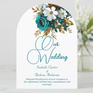 Elegante Hochzeit Verzierte Türkis Weiße Gold Blum Einladung