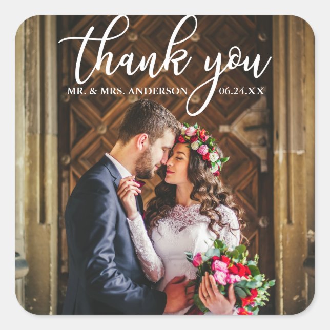 Elegante Hochzeit Vielen Dank, Bridge and Groom Fo Quadratischer Aufkleber (Vorderseite)