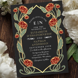 Elegante Hochzeit vom Roten Peony Art Nouveau Einladung