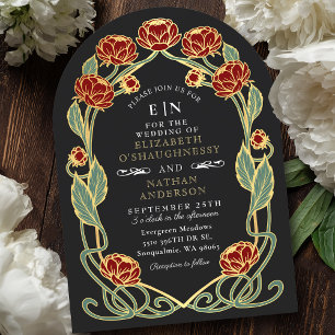 Elegante Hochzeit vom Roten Peony Art Nouveau Einladung
