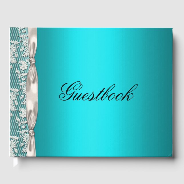 Elegante Hochzeit von Aqua und White Satin Ribbon Gästebuch (Vorderseite)