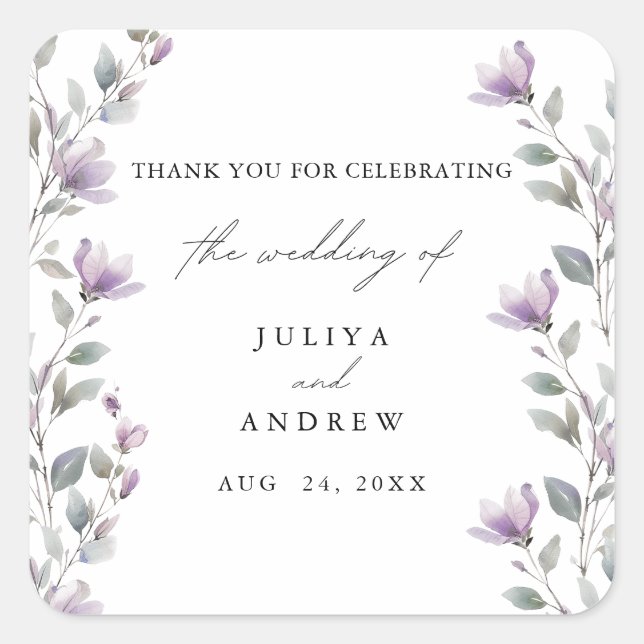 Elegante Hochzeit von Aquarellblumen Quadratischer Aufkleber (Vorderseite)