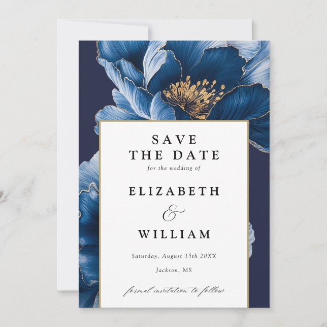 Elegante Hochzeit von Blauen und Gold Save The Date (Vorderseite)