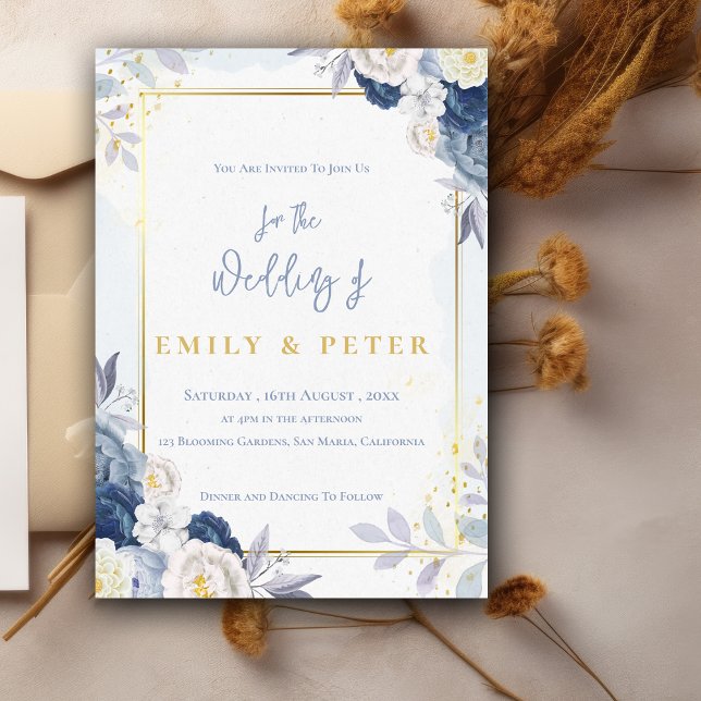 Elegante Hochzeit von Blue Floral Gold Border Einladung (Elegant Dusty Blue Floral Gold Border Wedding Invitation)