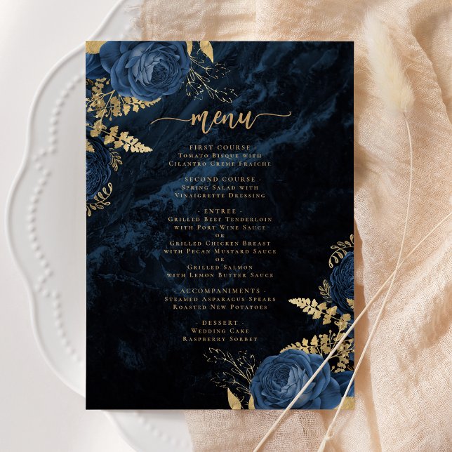 Elegante Hochzeit von Blue Gold Floral Einladung (Von Creator hochgeladen)