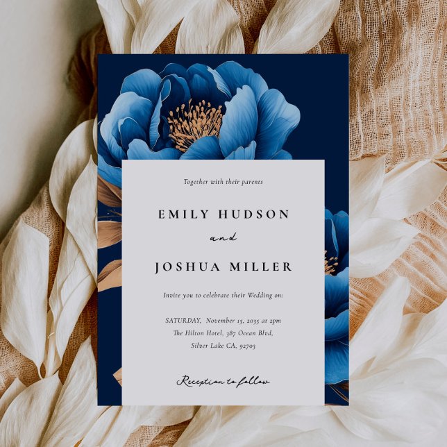 Elegante Hochzeit von Blue Gold Floral Einladung (Von Creator hochgeladen)