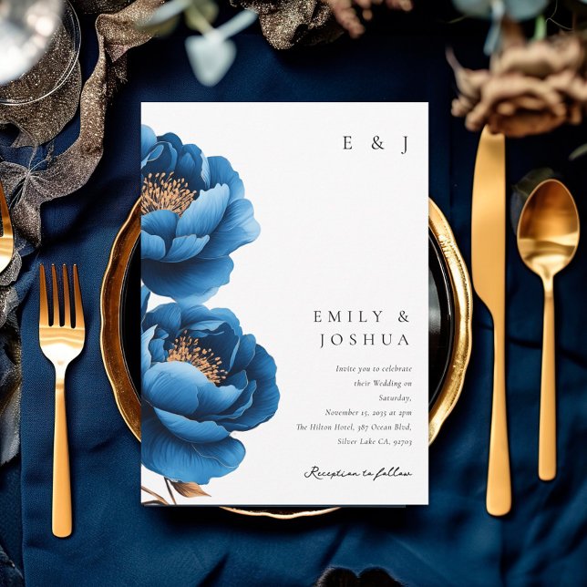 Elegante Hochzeit von Blue Gold Floral Einladung (Von Creator hochgeladen)