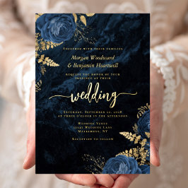 Elegante Hochzeit von Blue Gold Floral Folieneinladung
