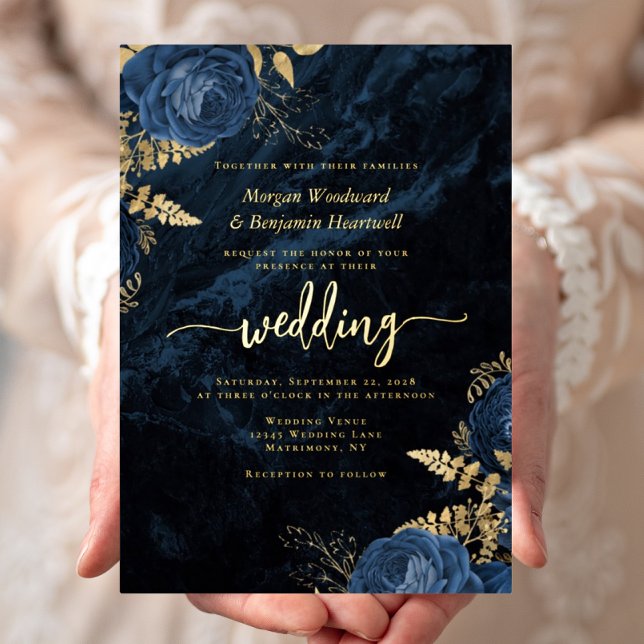 Elegante Hochzeit von Blue Gold Floral Folieneinladung (Von Creator hochgeladen)