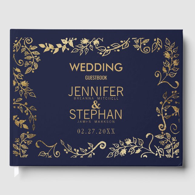 Elegante Hochzeit von Blue Gold Floral Gästebuch (Vorderseite)