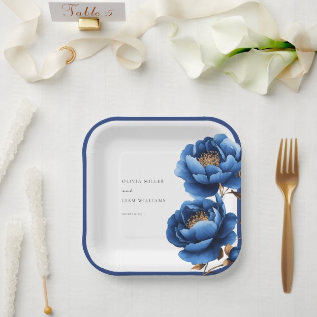 Elegante Hochzeit von Blue Gold Floral Pappteller (Hochzeit)