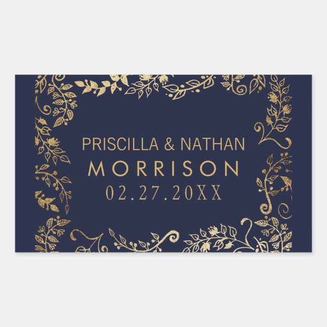 Elegante Hochzeit von Blue Gold Floral Rechteckiger Aufkleber (Vorderseite)