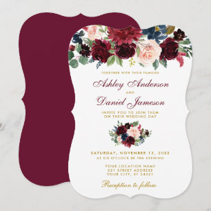 Elegante Hochzeit von Burgund Blue Watercolor Flor Einladung