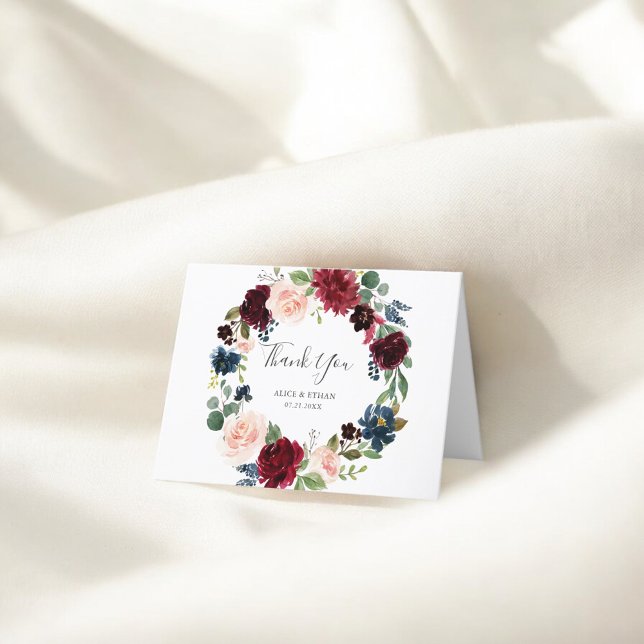 Elegante Hochzeit von Burgund und Navy Blauer Flor Dankeskarte (Von Creator hochgeladen)