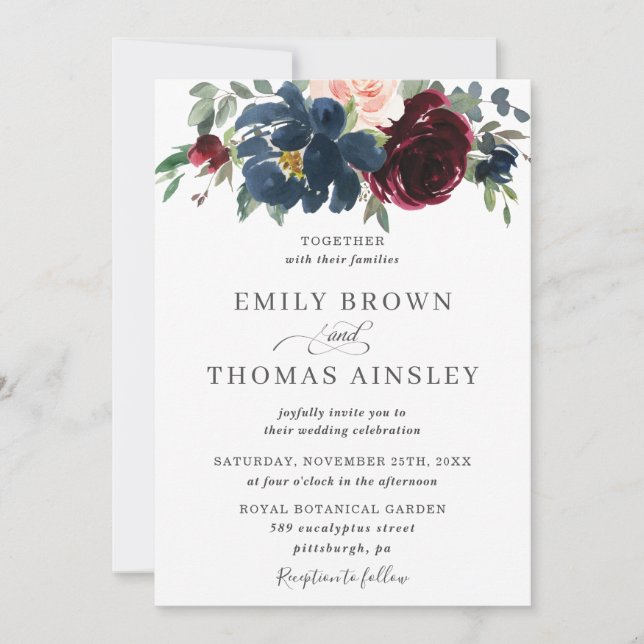 Elegante Hochzeit von Burgundy Blush Navy Blue Flo Einladung (Vorderseite)