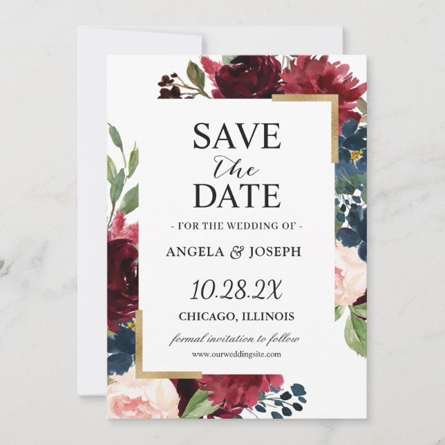 Elegante Hochzeit von Burgundy Red Blush Blue Flor Save The Date (Vorderseite)