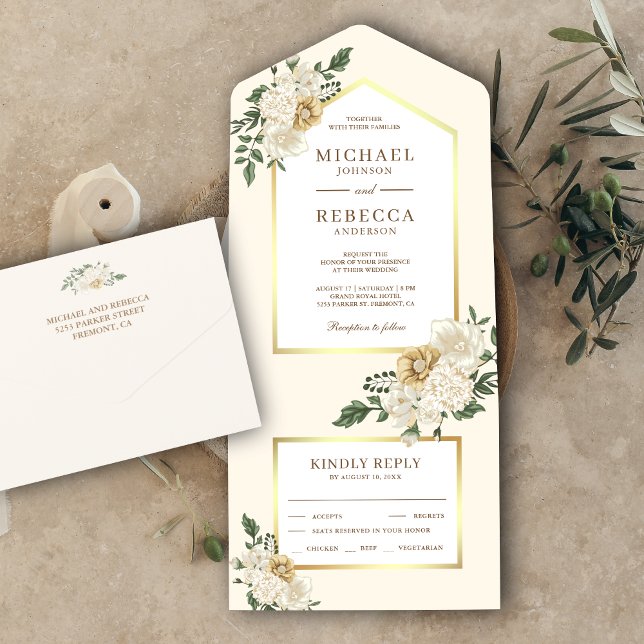 Elegante Hochzeit von Cream und Gold Elfenbeinblum All In One Einladung (Von Creator hochgeladen)