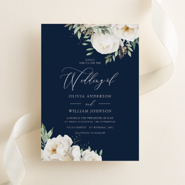 Elegante Hochzeit von der Marine White & Sage Flor Einladung (Von Creator hochgeladen)