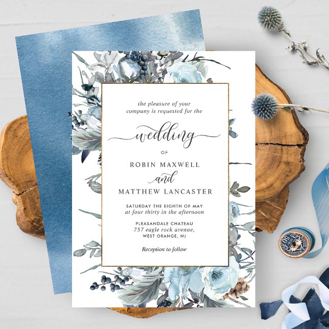 Elegante Hochzeit von Dusty Blue, Navy und White F Einladung (Von Creator hochgeladen)
