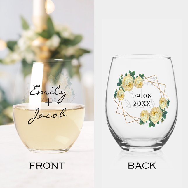 Elegante Hochzeit von Geo Yellow Floral Glitzer Weinglas Ohne Stiel (Elegant Gold Glitter Geo Yellow Floral Wedding Stemless Wine Glass)