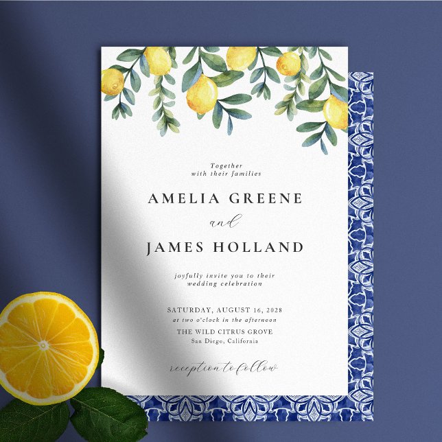 Elegante Hochzeit von Lemon Einladung (Elegant watercolor lemon wedding invitations with mediterranean blue tile back pattern. )