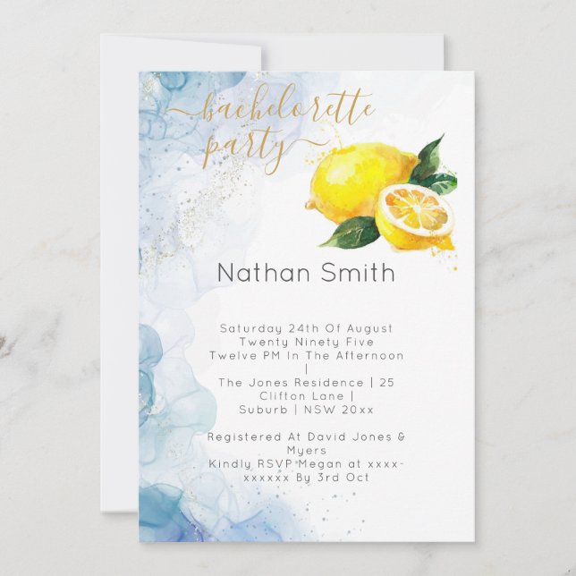 Elegante Hochzeit von Lemon Yellow & Blue Watercol Einladung (Vorderseite)