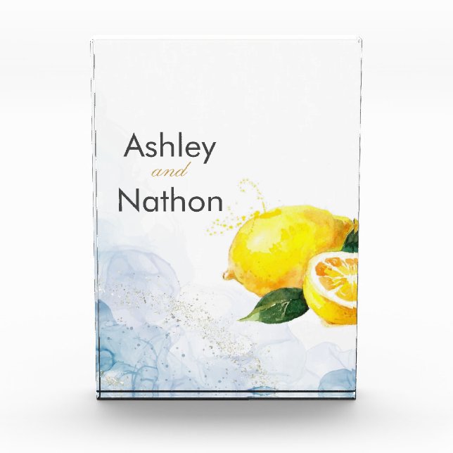Elegante Hochzeit von Lemon Yellow & Blue Watercol Fotoblock (Vorderseite)