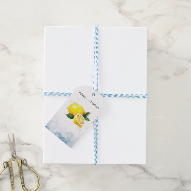 Elegante Hochzeit von Lemon Yellow & Blue Watercol Geschenkanhänger (Mit Garn)