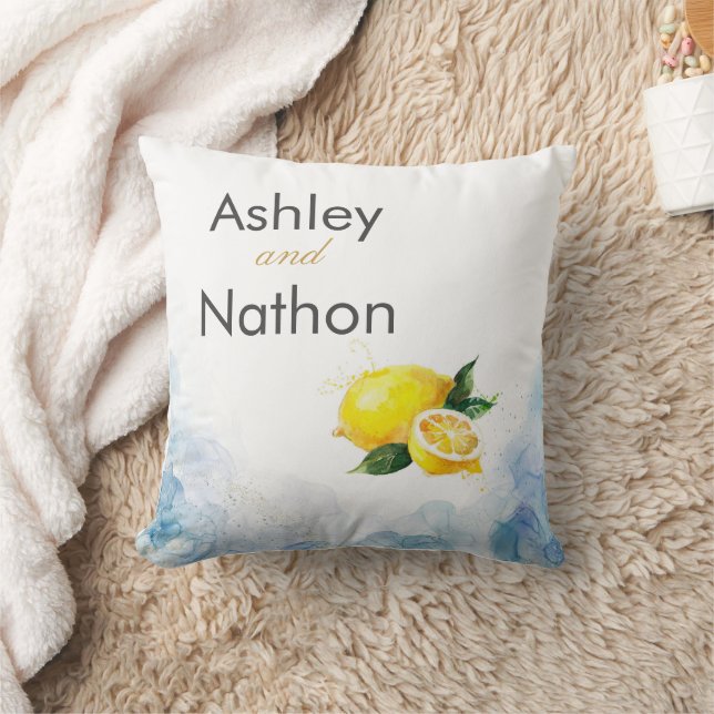 Elegante Hochzeit von Lemon Yellow & Blue Watercol Kissen (Decke)