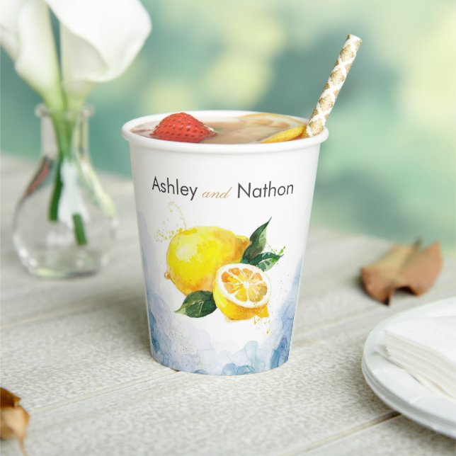 Elegante Hochzeit von Lemon Yellow & Blue Watercol Pappbecher (In Situ)