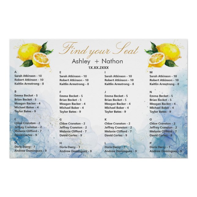 Elegante Hochzeit von Lemon Yellow & Blue Watercol Poster (Vorderseite)