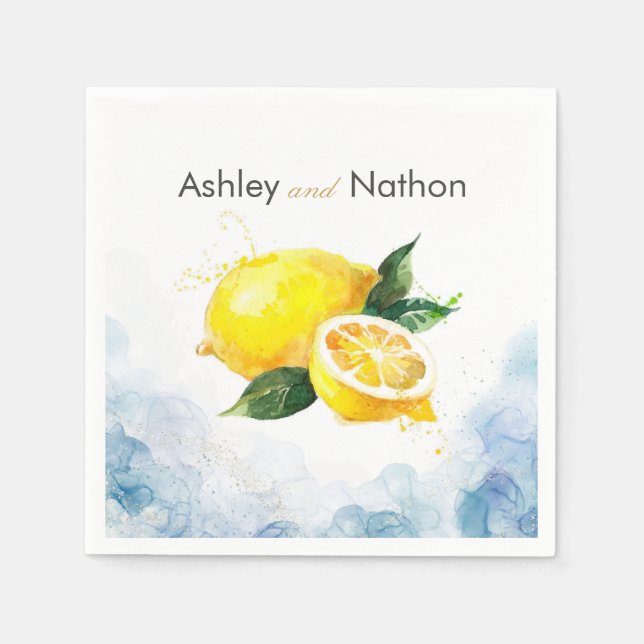 Elegante Hochzeit von Lemon Yellow & Blue Watercol Serviette (Vorderseite)