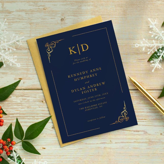 Elegante Hochzeit von Marine und Gold Einladung (Von Creator hochgeladen)